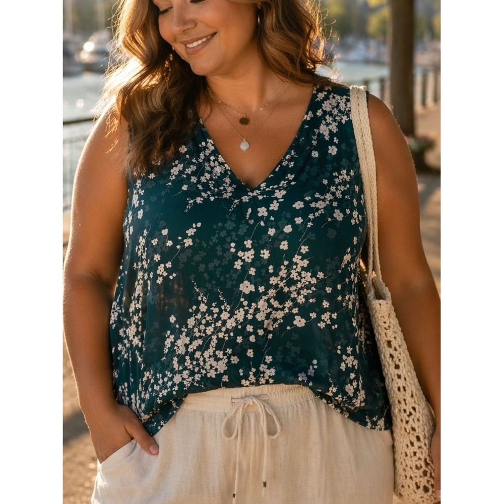 Cristina B‎ Women's XXL Floral Sleeveless Blouse Teal White Casual Summer Layer